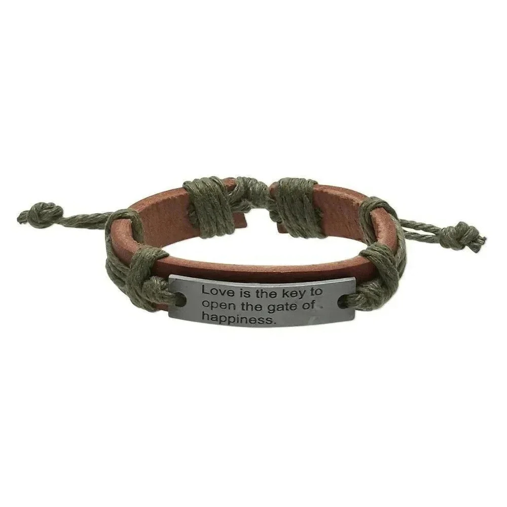 Hand Craft Brown Green Love is The Key Leather Silver Pewter Adjustable Bracelet